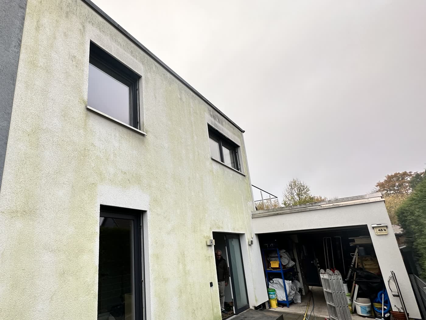 Weiß verputztes Einfamilienhaus mit flächigem Grünbelag auf der Giebelwand, vor der Reinigung.